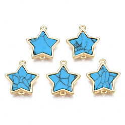 Deep Sky Blue Brass Connector Charms, with Synthetic Turquoise, Cadmium Free & Nickel Free & Lead Free, Real 18K Gold Plated, Star, Deep Sky Blue, 17x15.5x3mm, Hole: 1.2mm