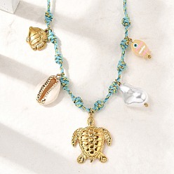 Turtle Летний пляж 304 Женские подвески из нержавеющей стали и натуральных ракушек с гальваническим покрытием, регулируемые шнуры из полиэстера, с керамикой, искусственным жемчугом и стеклом, реальный 18 k позолоченный, черепаха, 23.62 дюйм (60 см)