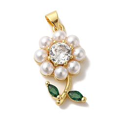 Настоящее золото 18K Стойка для цветов покрытие латунь прозрачное стекло подвески, с имитацией жемчужина бисера, без кадмия и без свинца, долговечный, реальный 18 k позолоченный, 24.5x14.5x5.5 мм, отверстие : 5x3.5 мм