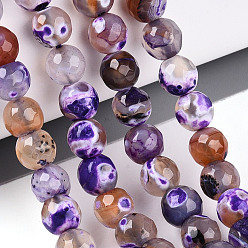 Темно-Фиолетовый Нити окрашенных и нагретых натуральных агатовых бус с огненным кракелюром, круглые, граненые, темно-фиолетовый, 7.5~8.5 мм, отверстие : 0.8~1.2 мм, около 47~48 шт / нитка, 13.78~14.96 дюйм (35~38 см)