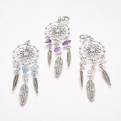 Mixed Stone Woven Net/Web with Feather Alloy Big Pendants, with Natural Mixed Stone Beads and Brass Lobster Claw Clasps, Antique Silver & Platinum, 100mm