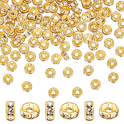 Кристалл 200 шт. Латунные бусины-распорки со стразами, для изготовления ювелирных изделий, класс А, прямой фланец, золотые, плоско-круглые, кристалл, 6x3 мм, отверстие : 1 мм
