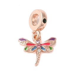 Розовое Золото Подвески из сплава со стразами в стойке в европейском стиле, Подвески-стрекозы с большими отверстиями и цветной эмалью, без кадмия, без никеля и без свинца, розовое золото , 25 мм, отверстие : 5 мм
