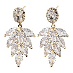 Light Gold Brass with Glass Dangle Stud Earrings, Leaf, Light Gold, 32x17mm