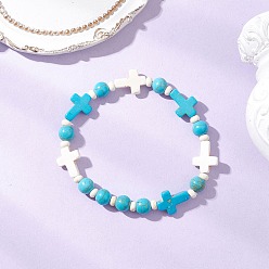 Бирюза Браслеты из синтетического бирюзового бисера для мужчин и женщин, крест и круглый, бирюзовые, внутренний диаметр: 2-1/4 дюйм (5.8 см)