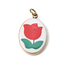 Colorful Printed 304 Stainless Steel Pendants, Oval with Flower Charms, Ion Plating(IP), Long-Lasting Plated, Golden, Colorful, 18x12x3mm, Hole: 2.5mm