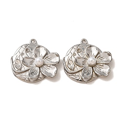 Stainless Steel Color 304 Stainless Steel with Crystal Rhinestone & ABS Plastic Imitation Pearl Pendants, Flower Charms, Stainless Steel Color, 23x24x6.5mm, Hole: 1.3mm