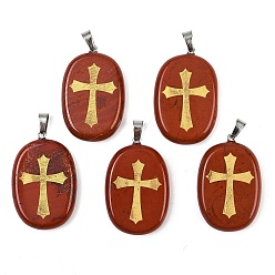 Красный Камень Природные красной яшмы подвески, овальные с выгравированными золотыми крестиками, с дужками из нержавеющей стали, цвет нержавеющей стали, 38~39x25x7 мм, отверстие : 7x4 мм