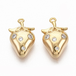 Настоящее золото 18K Латунные микропаве прозрачные кубические циркониевые подвески, без никеля , клубника, реальный 18 k позолоченный, 12.5x7.5x3.5 мм, отверстие : 0.8 мм