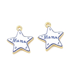 Real 18K Gold Plated Printed Brass Pendants, Star with Word Mama Charms, Rack Plating, Long-Lasting Plated, Lead Free & Cadmium Free, Blue, Real 18K Gold Plated, 21.5x18.5x3.5mm, Hole: 1.7mm