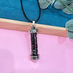 Гранат Кулон из цинкового сплава в виде шестиугольной стеклянной бутылки с внутренними вкраплениями натурального граната, ожерелье из черной искусственной кожи., платина, 19.69 дюйм (50 см)