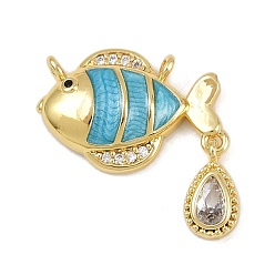 Темно-Голубой Латунные микро проложить кубического циркония подвески, без кадмия и без свинца, с эмалью, подвески в виде рыбок и слезинок, реальный 18 k позолоченный, глубокое синее небо, 20x20.5x3.5 мм, отверстие : 1.2 мм