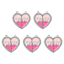 Pink Подвеска из сплава эмали, со стразами, без кадмия, без никеля и без свинца, платина, разбитое сердце со словом лучший друг, розовые, 31x30.5x2 мм, отверстие : 2 мм