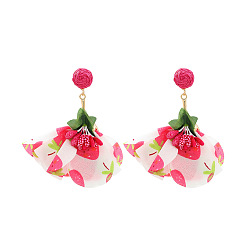 Светло-Вишневый Серьги-гвоздики с цветком из сплава ткани, золотые, с рафией, светло-вишневый, 87x25 мм