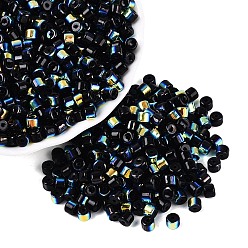 Black FGB Opaque Colours Glass Seed Beads, Rainbow Plated, Round Hole, Barrel, Black, 4x3.5mm, Hole: 0.9~1mm, about 3750pcs/pound