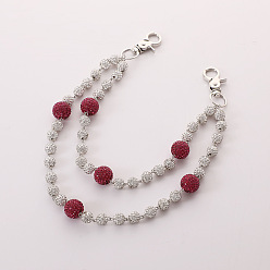 Камелия Двухслойные цепочки для брюк из полимерной глины с круглыми бусинами и стразами, с поворотными застежками сплава, платина, камелия, 300 мм