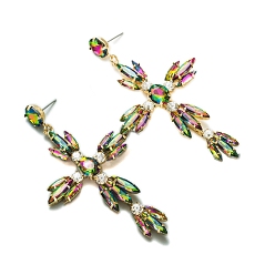 Colorful Cross Alloy Rhinestone Dangle Stud Earrings for Women, Colorful, 70x55mm
