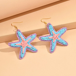 Темно-Голубой Серьги-подвески из рафии с морскими звездами, золотые, с результатами железной серьги, глубокое синее небо, 76x56 мм