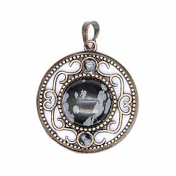 Снежный Обсидиан Ретро полые подвески из натурального снежного обсидиана, плоские круглые подвески, с красной медной металлической фурнитурой, 36x33 мм