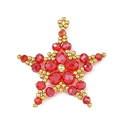 Red Electroplate Glass Pendants, Star Charms, with Seed Beads, Faceted, Red, 40x38x6.5mm, Hole: 1.6mm