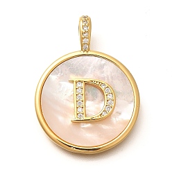 Letter D Подвески из латуни с микропаве, прозрачные кубические цирконии с ракушкой, подвески в виде букв, долговечный, без свинца и без кадмия, Буква D, 32x24x3.5 мм, отверстие : 6x3 мм