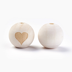 BurlyWood Unfinished Wood Beads, Natural Wooden Beads, Round with Heart, BurlyWood, 19~20mm, Hole: 4~5mm