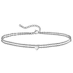 Нержавеющая Сталь Цвет Летний пляж 201 двухслойные браслеты на ногу из нержавеющей стали с цепочкой в форме сердца для женщин, цвет нержавеющей стали, 9-7/8 дюйм (250 мм)