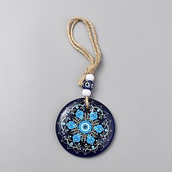 Marine Blue Plastic & Resin Flat Round with Evil Eye Pendant Decorations, with Hemp Rope, Marine Blue, 210mm