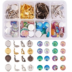 Mixed Color DIY Earring Making Sets, with Brass Clip-on Earring Settings and Resin Cabochons, Mixed Color, 110x70x30mm, 12pcs/compartment, 96pcs/box