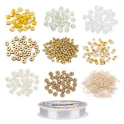 Желтый Набор для изготовления браслетов из стеклянных и пластиковых бусин своими руками, в том числе стеклянный бисер, Раскрашенный распылением кракел и прозрачные стеклянные бусины, пластиковые бусины abs и ccb, эластичная нить, желтые, стеклянные бусины: около 915 шт. / компл.