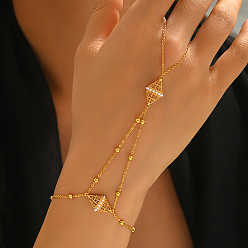 White Brass and Imitation Pearl Rhombus Hand Chain Ring Bracelets for Wedding and Formal Occasions, Golden, White, 8.27 inch(21cm)