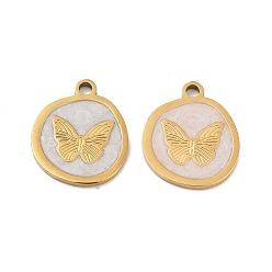 Белый Ионное покрытие (ip) 316 хирургические подвески из нержавеющей стали, без никеля , с эмалью, плоский круглый с подвесками в виде бабочек, реальный 18 k позолоченный, белые, 18x15x1.5 мм, отверстие : 1.8 мм