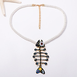 Black Summer Beach Alloy Enamel Fishbone Pendant Twisted Polyester Cord Pendant Necklaces for Women, Golden, Black, 18.50 inch(47cm)