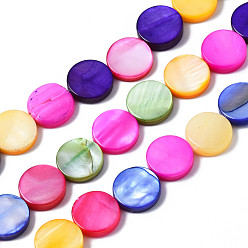 Mixed Color Natural Freshwater Shell Beads Strands, Dyed, Flat Round, Mixed Color, 8x2~3mm, Hole: 0.8mm, about 48~49pcs/strand, 15.35 inch(39cm)