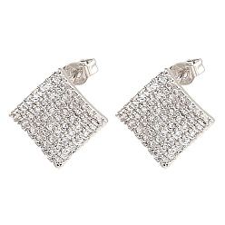 Platino Pendientes de latón con forma de rombo y circonita cúbica transparente para mujer, Platino, 13x13 mm