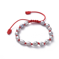 Gray Adjustable Braided Bead Bracelets, with Natural Cultured Freshwater Pearl Beads and Nylon Thread, Gray, 5~8.5cm