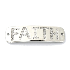 Platine Support de placage en laiton, micro pavé, zircone cubique transparente, connecteur rectangulaire incurvé, breloques, liens de foi en mots, plaqué longue durée, sans plomb et sans cadmium, platine, 47.5x14x2mm, Trou: 1.8mm