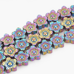 Multi-color Plated Electroplate Non-magnetic Synthetic Hematite Beads Strands, Flower, Multi-color Plated, 10x10x4mm, Hole: 1mm, about 45pcs/strand, 16.5 inch