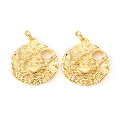 Рак Латунные подвески, , плоский круглый с созвездием / знак зодиака, реальный 18 k позолоченный, рак, 31.5~34x28~29x3~4 мм, отверстие : 6x4 мм