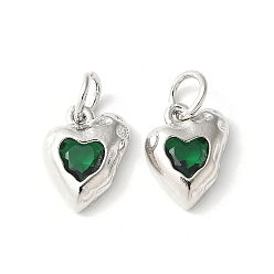 Зеленый Латунные микро проложить кубического циркония подвески, сердце прелести, стойки покрытие, прочное покрытие, без кадмия и без свинца, с целью перехода в кольце, зелёные, 12.5x10.5x3.5 мм, отверстие : 4.5 мм
