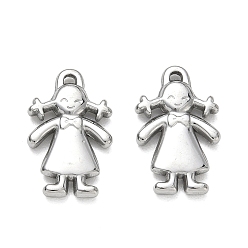 Stainless Steel Color 304 Stainless Steel Pendants, Girl with Bow Dress Charms, Stainless Steel Color, 23x14x3mm, Hole: 1.8x1.5mm