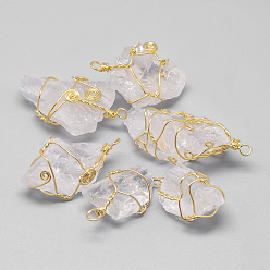 Golden Rough Raw Natural Quartz Crystal Pendants, Rock Crystal Pendants, with Brass Findings, Nuggets, Golden, 30~77x18~28x10~25mm, Hole: 3mm