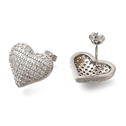 Платина Серьги-гвоздики из латуни с покрытием в виде стойки с прозрачным фианитом в форме сердца, без свинца и без кадмия, долговечный, платина, 14.5x16.5 мм