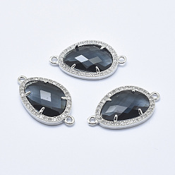 Черный Латунные микро проложить кубических ссылки циркония, со стеклом, граненые, слеза, платина, чёрные, 28x16x4.5 мм, отверстие : 1.6 мм