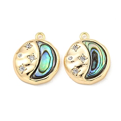 Real 18K Gold Plated Brass Micro Pave Clear Cubic Zirconia Pendants, with Paua Shell, Flat Round Charms, Real 18K Gold Plated, 15.8x13.5x3mm, Hole: 1.4mm