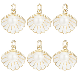Белый 6 кулоны латунные эмалевые шт., с бусиной ракушки и прыжковым кольцом, долговечный, реальный 18 k позолоченный, формы раковины, белые, 15.5x15.3x8 мм, отверстие : 3.8 мм