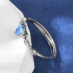 Небесно-голубой Родиевое покрытие 925 регулируемые кольца из стерлингового серебра с кубическим цирконием, сердце, голубой, Сердце: 4.5x4.5 mm, размер США 6 (16.5 мм)