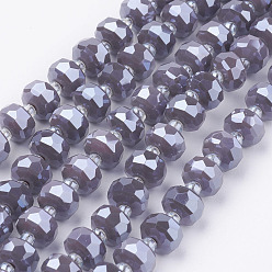 Slate Blue Electroplate Opaque Glass Beads Strands, Pearl Luster Plated, Faceted, Flat Round, Slate Blue, 7.5~8mm, Hole: 1mm, about 50pcs/strand, 13.7 inch(35cm)