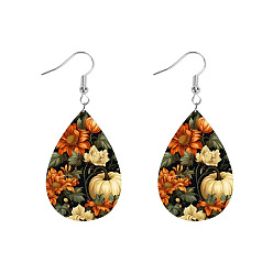 Colorful Iron & Imitation Leather Dangle Earrings, Teardrop with Flower Pattern, Silver, Colorful, 75x37mm