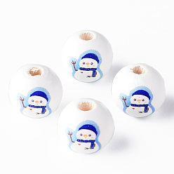 Blue Painted Natural Wood Round Beads, Christmas Style, Snowman, Blue, 16x15mm, Hole: 4mm